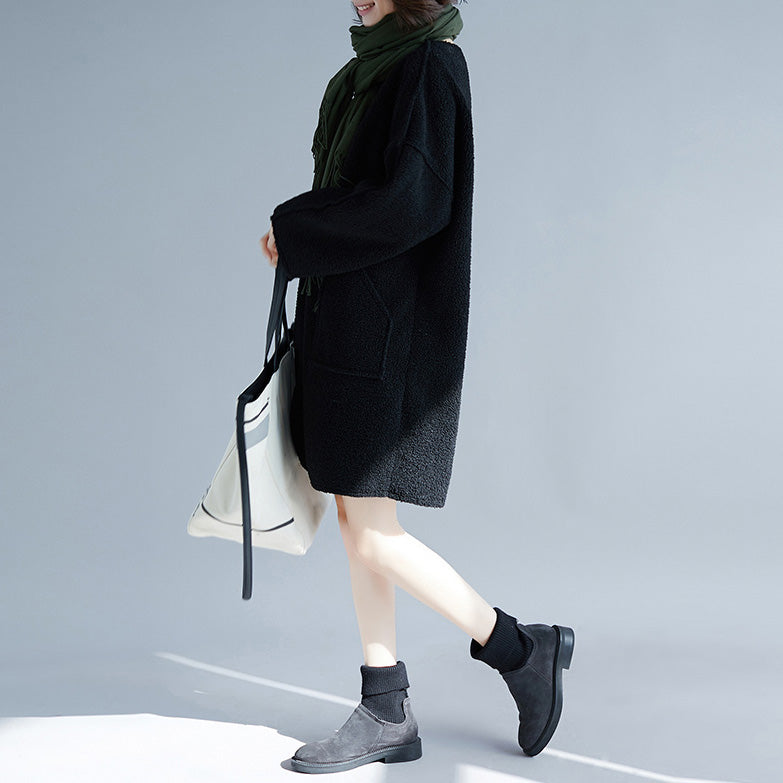 Black Midi Cotton Dresses Long Sleeve Thick Traveling Clothing Big Pockets Holiday Dresses