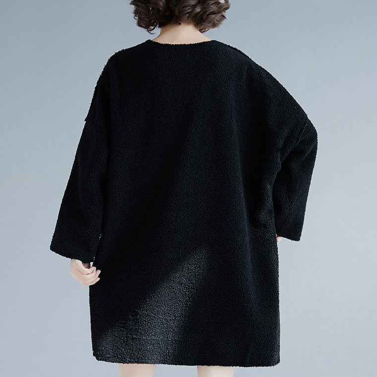 Black Midi Cotton Dresses Long Sleeve Thick Traveling Clothing Big Pockets Holiday Dresses