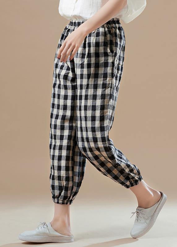 Black Plaid Cotton Quilting Work Outfits Harem Pants Elastic Waist Pants