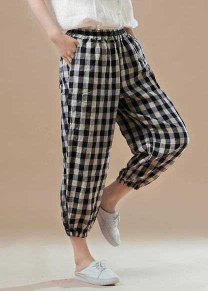 Black Plaid Cotton Quilting Work Outfits Harem Pants Elastic Waist Pants