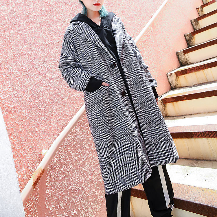 Black Plaid Maxi Coat Notched Long Coat Zippered Baggy Long Coat