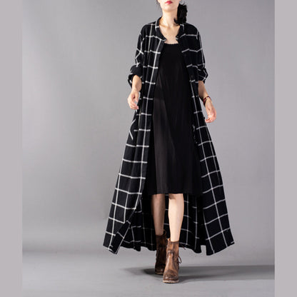 Black Plaid Maxi Coat Stand Collar Winter Boutique Pockets Coats