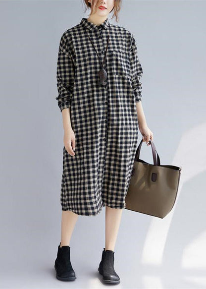 Black Plaid Natural Cotton Shirt Dress Turn-down Collar Pockets Traveling Clothing Long Sleeve Baggy Shirt Dresses