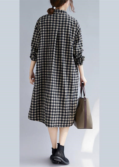 Black Plaid Natural Cotton Shirt Dress Turn-down Collar Pockets Traveling Clothing Long Sleeve Baggy Shirt Dresses