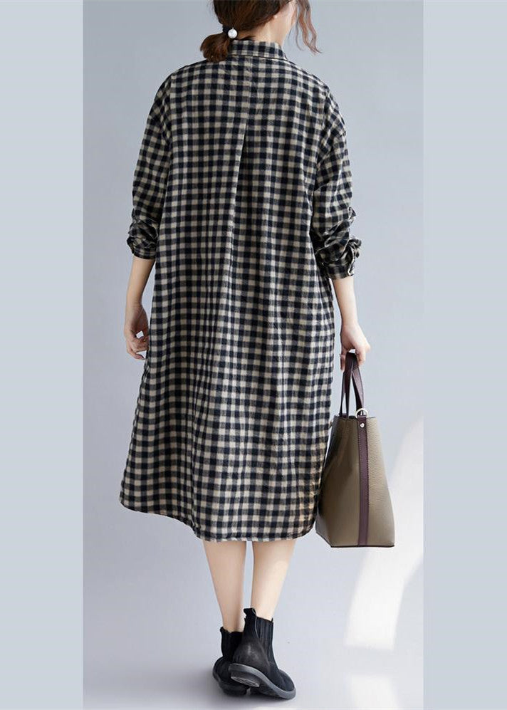 Black Plaid Natural Cotton Shirt Dress Turn-down Collar Pockets Traveling Clothing Long Sleeve Baggy Shirt Dresses