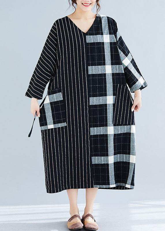Black Plaid Striped V Neck Patchwork Large Pockets Cotton Spring Dress