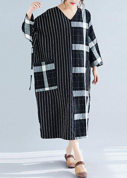Black Plaid Striped V Neck Patchwork Large Pockets Cotton Spring Dress