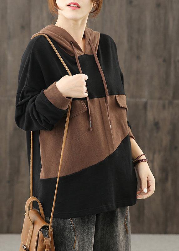 Black Clothes for Hooded Patchwork Midi Tops