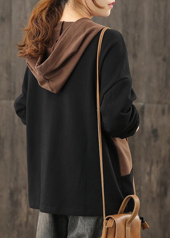 Black Clothes for Hooded Patchwork Midi Tops