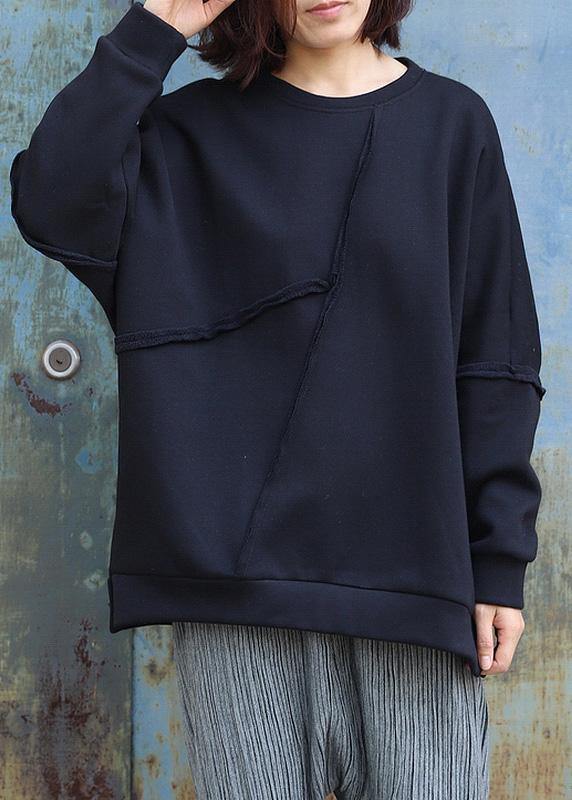 Black Cotton Tops O Neck Short Patchwork Sweatshirt