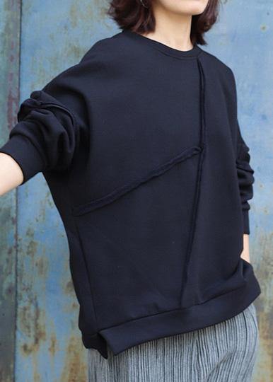 Black Cotton Tops O Neck Short Patchwork Sweatshirt