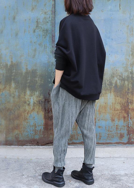 Black Cotton Tops O Neck Short Patchwork Sweatshirt
