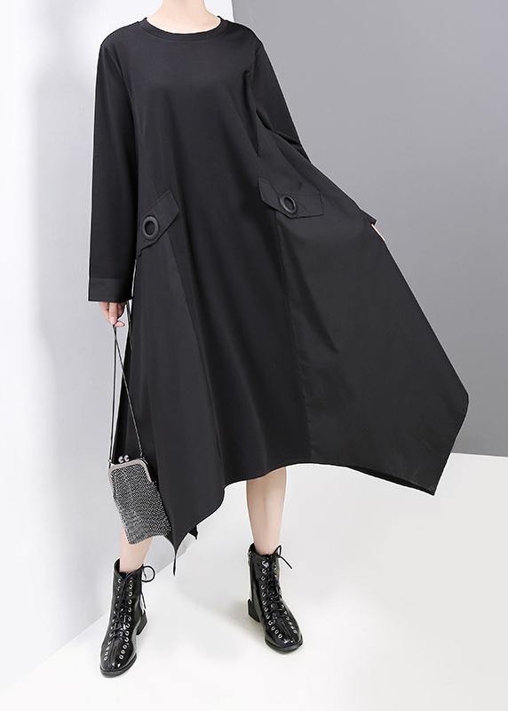 Black Cotton Tunic Dress Asymmetric a Line Fall Dress