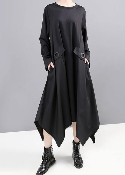 Black Cotton Tunic Dress Asymmetric a Line Fall Dress