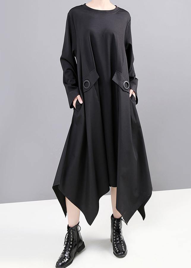Black Cotton Tunic Dress Asymmetric a Line Fall Dress