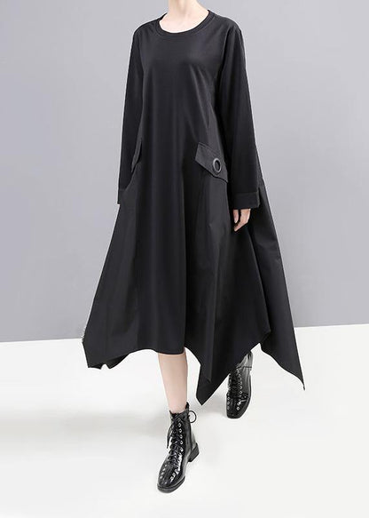 Black Cotton Tunic Dress Asymmetric a Line Fall Dress