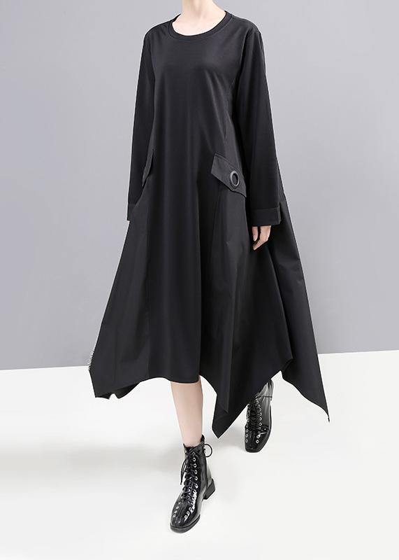 Black Cotton Tunic Dress Asymmetric a Line Fall Dress