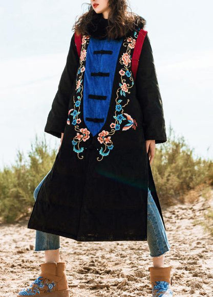Black Down Jacket Woman Loose Fitting Embroidery Down Jacket Side Open New Coats
