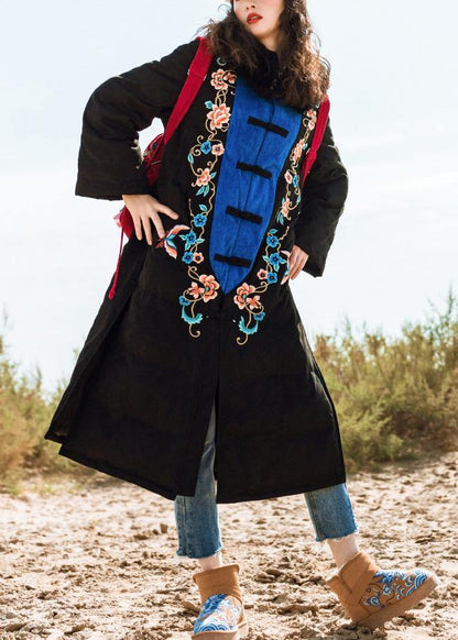 Black Down Jacket Woman Loose Fitting Embroidery Down Jacket Side Open New Coats