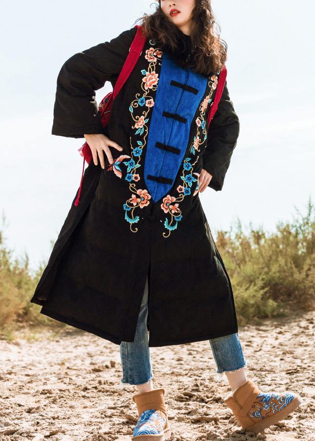 Black Down Jacket Woman Loose Fitting Embroidery Down Jacket Side Open New Coats