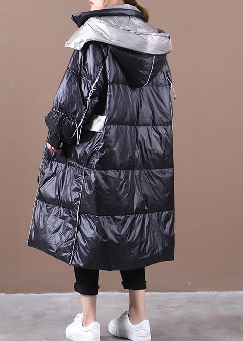 Black Down Jacket Woman Hooded Patchwork Winter Outwear