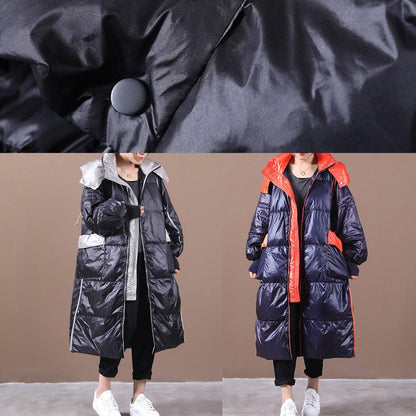 Black Down Jacket Woman Hooded Patchwork Winter Outwear