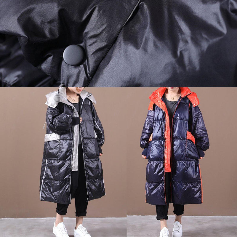 Black Down Jacket Woman Hooded Patchwork Winter Outwear