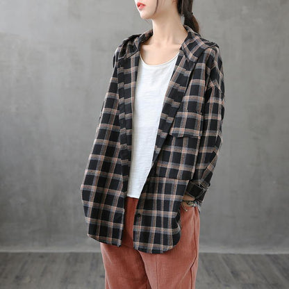 Black Orange Plaid Tunics for Lapel Button Down Clothing Tops