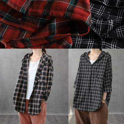Black Orange Plaid Tunics for Lapel Button Down Clothing Tops