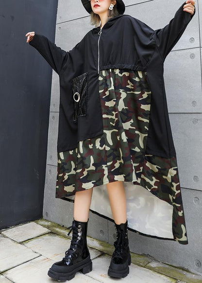 Black Patchwork Camouflage Hooded Low High Design Cotton Dress