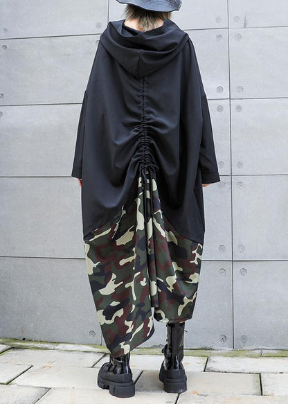Black Patchwork Camouflage Hooded Low High Design Cotton Dress