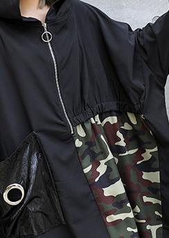Black Patchwork Camouflage Hooded Low High Design Cotton Dress