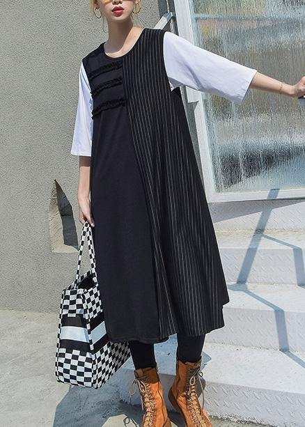 Black Patchwork Cotton Outfit Sleeveless Robe Summer Dresses