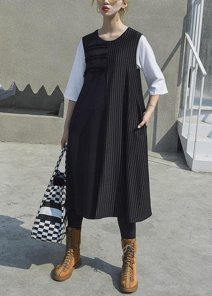 Black Patchwork Cotton Outfit Sleeveless Robe Summer Dresses