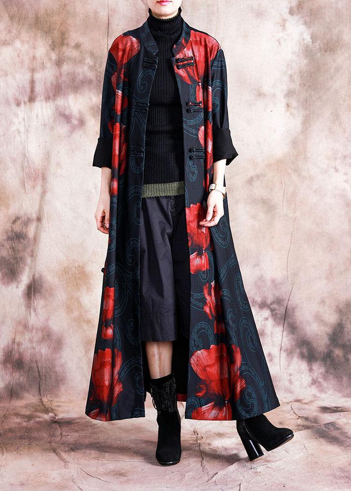 Black Patchwork Red Print Oversize Long Chinese Button Fall Coat