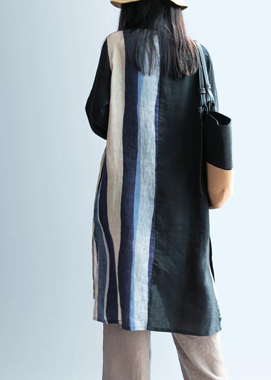 Black Patchwork Striped Tunic Lapel Art Dress