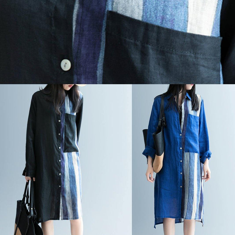 Black Patchwork Striped Tunic Lapel Art Dress