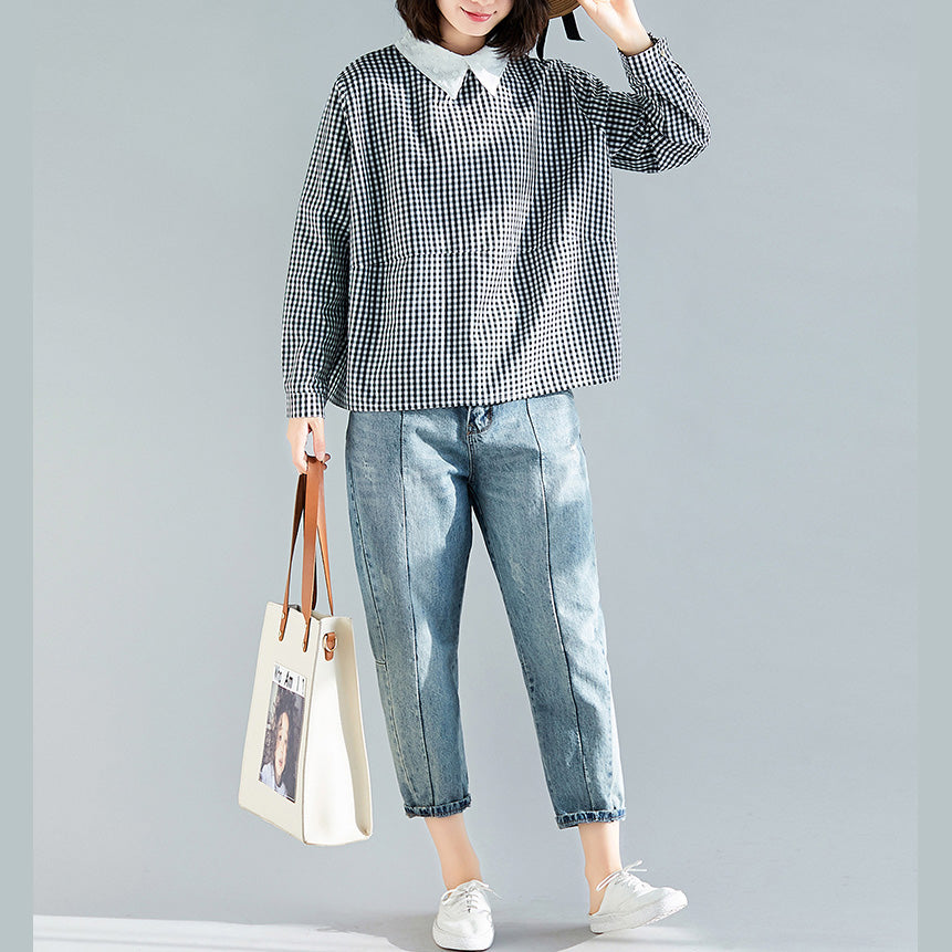 Elegant black plaid cotton clothes boutique Fabrics pullover silhouette spring blouse