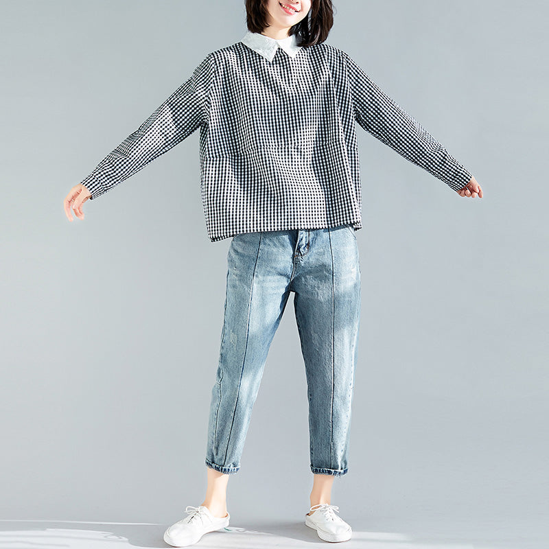 Elegant black plaid cotton clothes boutique Fabrics pullover silhouette spring blouse