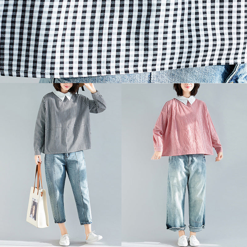 Black Plaid Cotton Clothes Boutique Fabrics Pullover Silhouette Spring Blouse