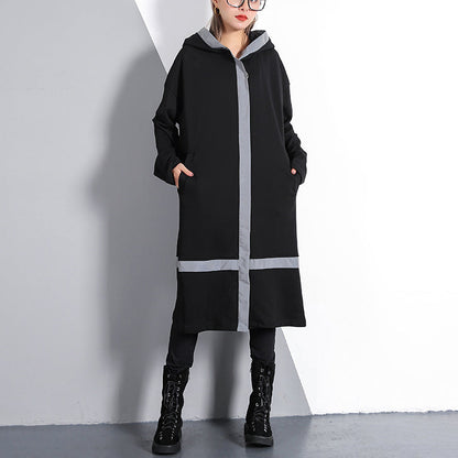 Black Traveling Dress Pockets Fine Hooded Cotton Blended Dress
