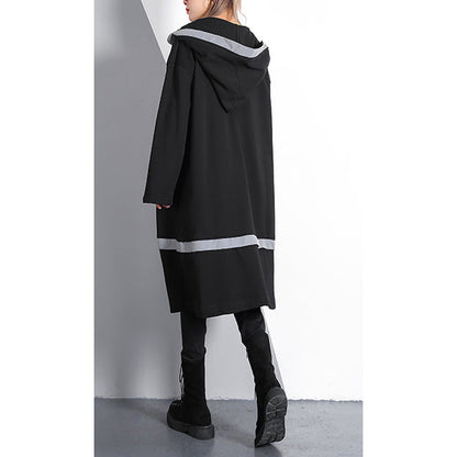Black Traveling Dress Pockets Fine Hooded Cotton Blended Dress