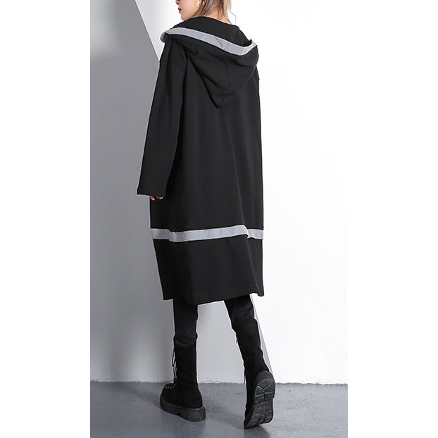 Black Traveling Dress Pockets Fine Hooded Cotton Blended Dress