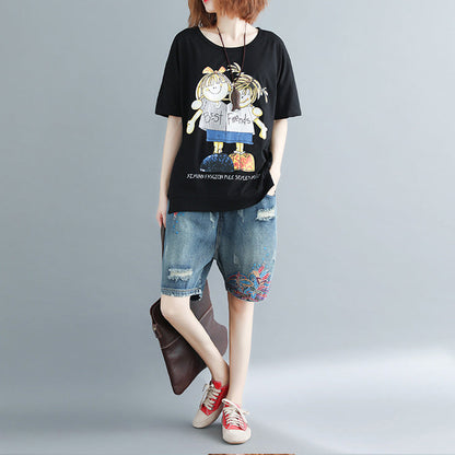 Black Print Cotton Clothes Ideas O Neck Daily Tops
