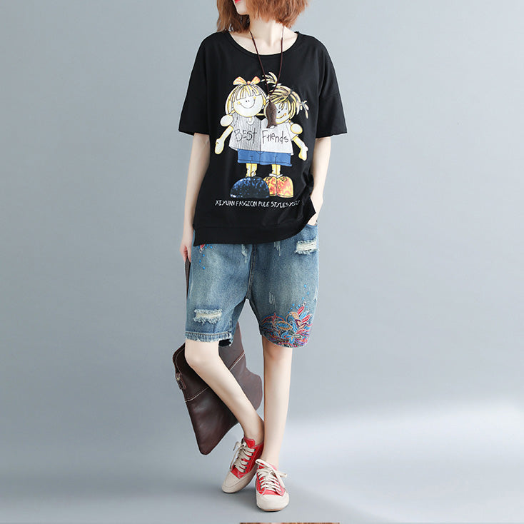 Black Print Cotton Clothes Ideas O Neck Daily Tops