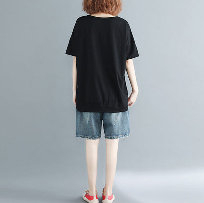 Black Print Cotton Clothes Ideas O Neck Daily Tops