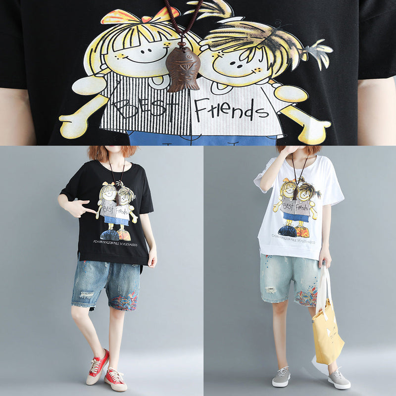Black Print Cotton Clothes Ideas O Neck Daily Tops