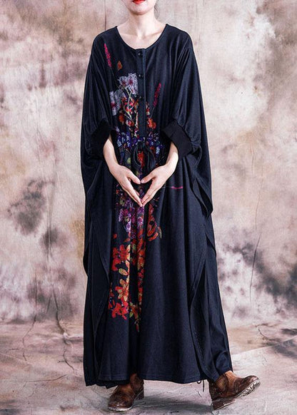 Black Print Cotton Dress O Neck Asymmetric Fall Dress