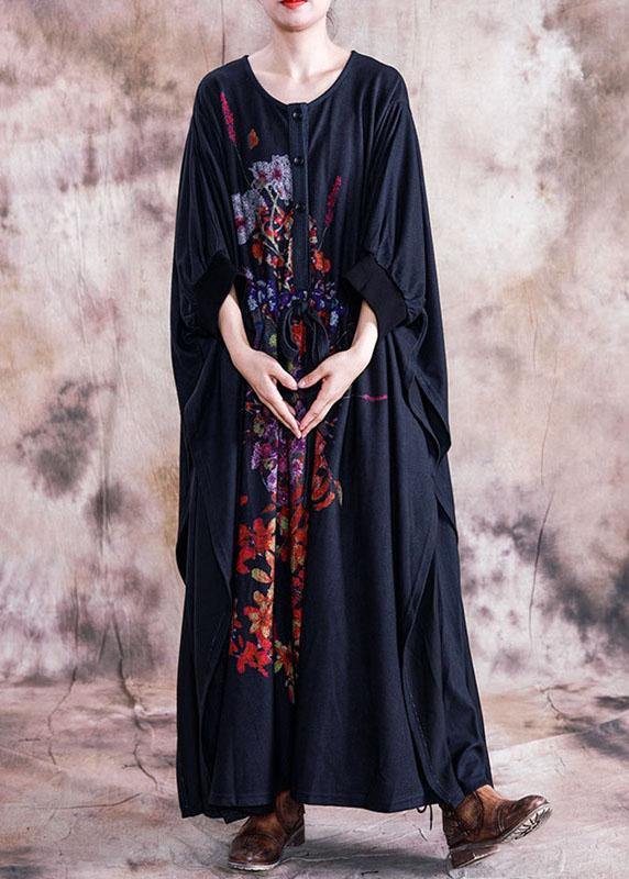 Black Print Cotton Dress O Neck Asymmetric Fall Dress
