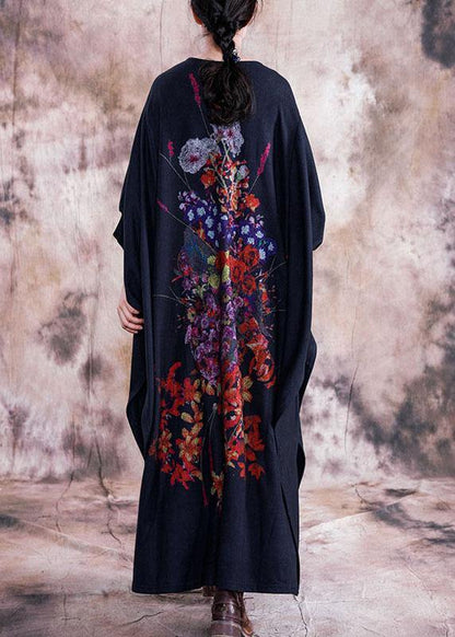 Black Print Cotton Dress O Neck Asymmetric Fall Dress